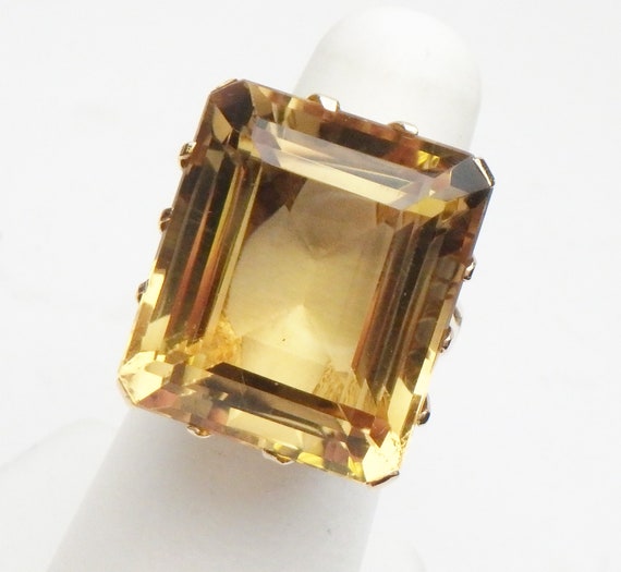 14 kt Citrine Emerald Cut with Floral Hand Carved… - image 1