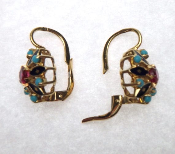 18kt Turquoise, Enamel, and Imitation Ruby Cluste… - image 4