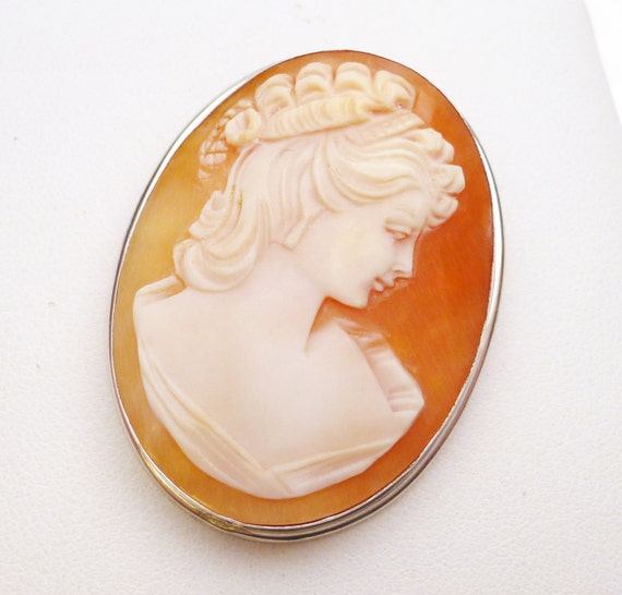 Sterling Silver Shell Cameo Woman Brooch/Pendant … - image 1