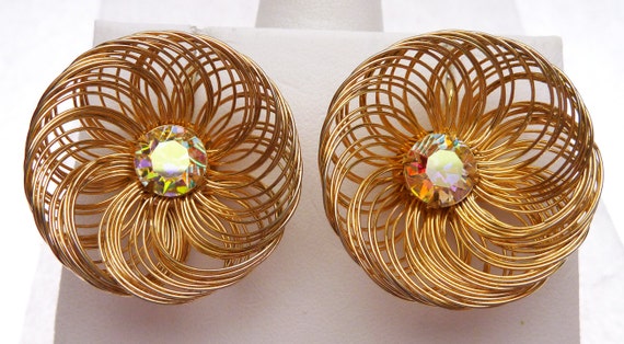 SAC Signed Gold Tone Aurora Borealis Earrings - image 2