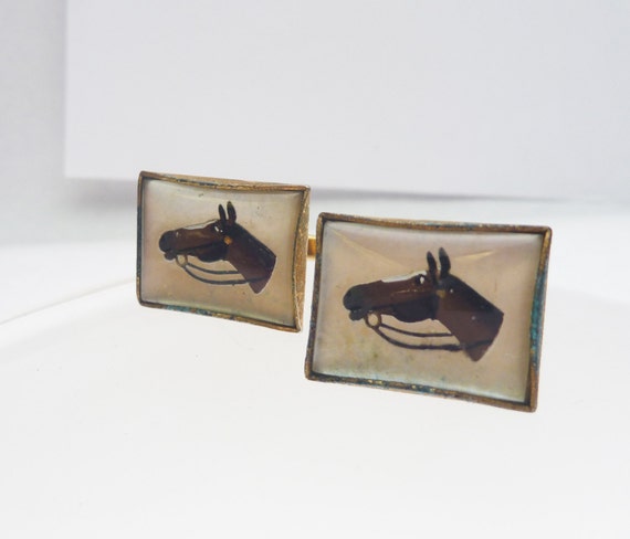Horse Head Gold Tone Cuff Links Vintage - image 2