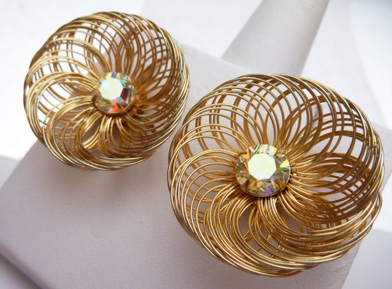 SAC Signed Gold Tone Aurora Borealis Earrings - image 1