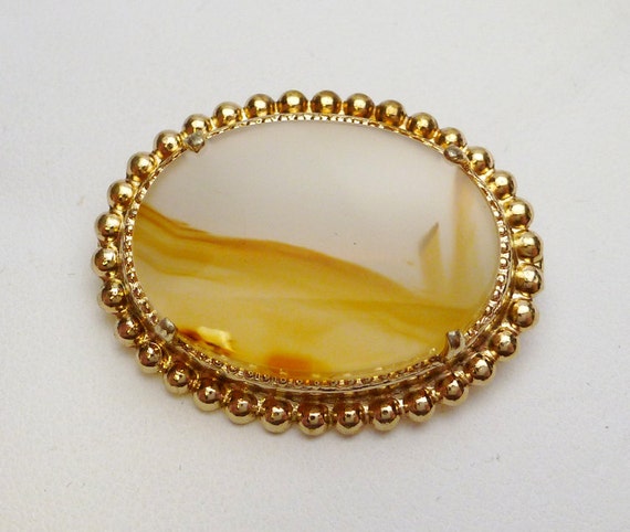 Picture Agate Brooch with Scallop Edge Gold Plated - image 2