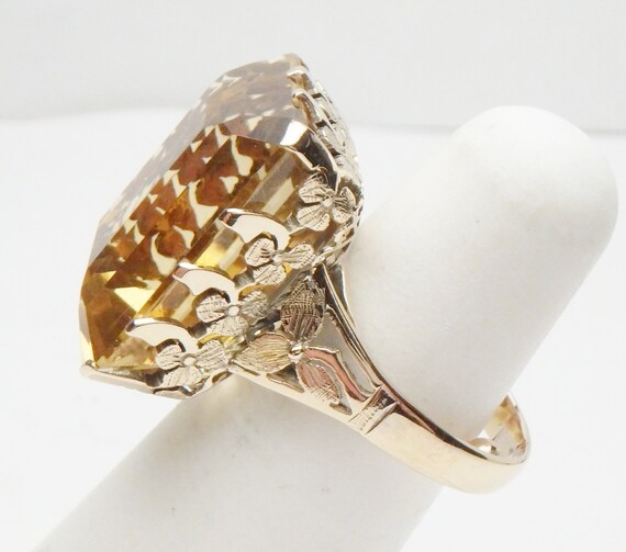 14 kt Citrine Emerald Cut with Floral Hand Carved… - image 3