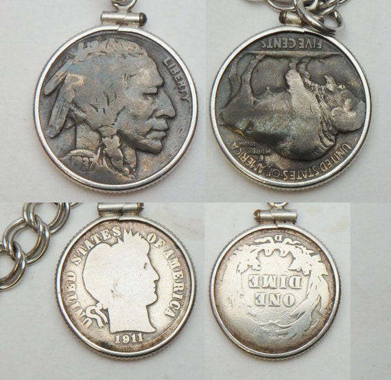 SS US Coin Charm Bracelet Dime Buffalo Nickel Pen… - image 3