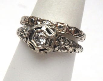 18kt Art Nouveau Diamond Wedding Set RARE White Gold 1910s Floral