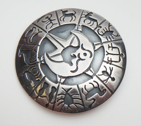 Taxco SS Zodiac Shield Brooch/pendant With Moon and Star Antiqued