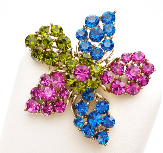 Pink, Blue, and Olive Green Rhinestone Flower Bro… - image 1