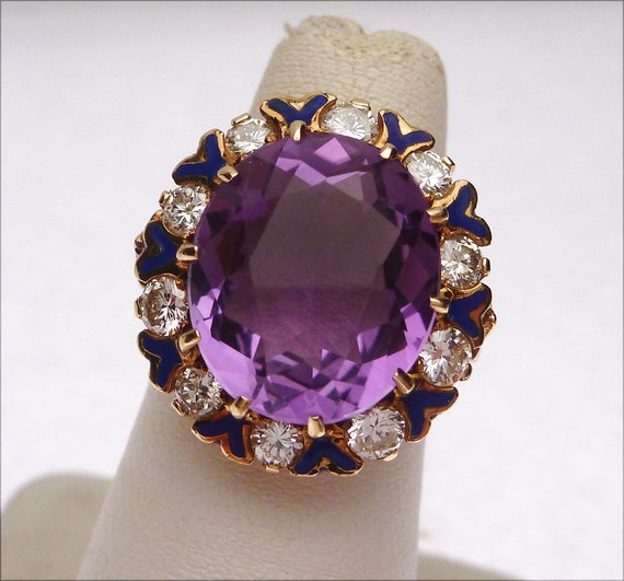 14 kt Amethyst and 1 Carat Diamonds Blue Enamel A… - image 1