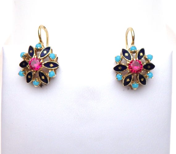 18kt Turquoise, Enamel, and Imitation Ruby Cluste… - image 2