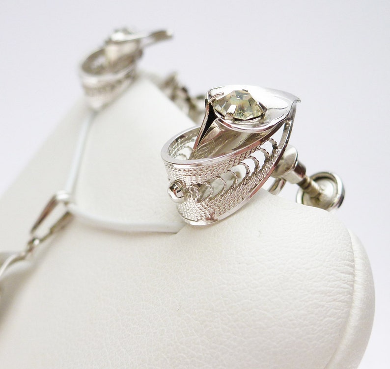 Sorrento Clear Rhinestone Lily with Filigree Details Demi Parure Pendant and Non Pierced Earrings Set 1950s Wire Work