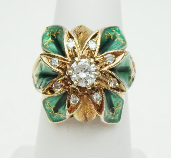 14 kt Diamond 0.45 ctw and Vitreous Enamel Green … - image 2