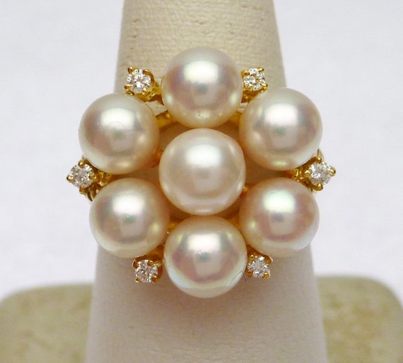 18k Cultured Pearl and 10ptw Diamond Cluster Ring - image 2