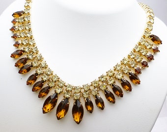 Brown and Yellow Rhinestone Collar Statement Necklace 1950s Gold Tone