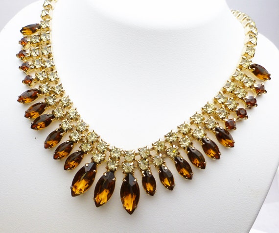 Brown and Yellow Rhinestone Collar Statement Neck… - image 1