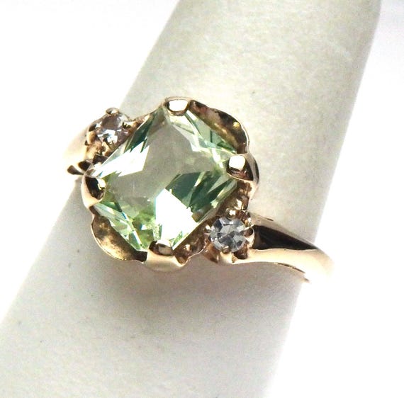 10kt Uranium Glass with Clear Spinel Ring Yellow Gold 1930s