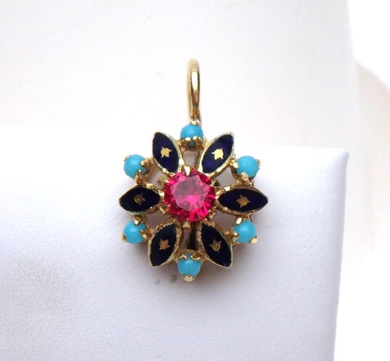 18kt Turquoise, Enamel, and Imitation Ruby Cluste… - image 3