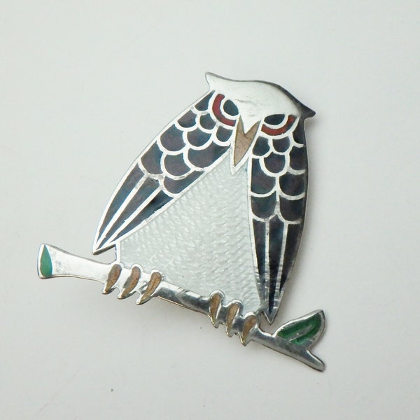 Jeronimo Fuentes Owl Brooch Enamel Sterling Silver 1950s Mexico