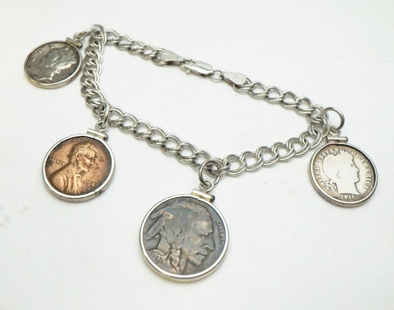 SS US Coin Charm Bracelet Dime Buffalo Nickel Pen… - image 1