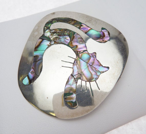 Mexican Silver Abalone Mosaic Inlay Cat Pin