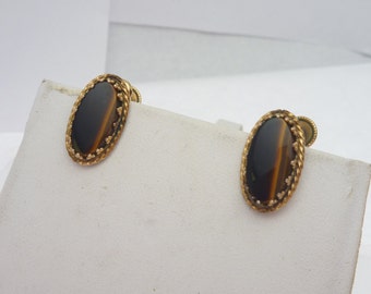 12k GF Genuine Tiger's Eye Screw Back Earrings