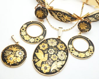 Damascene Parure Bird and Floral Etched Set Yellow Tone 1950s