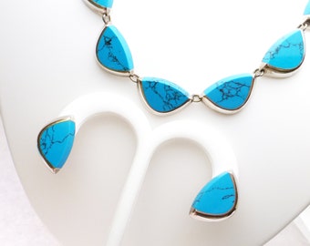 Taxco Sterling and Turquoise Demi Parure Necklace and Earring Set 1990s Silver