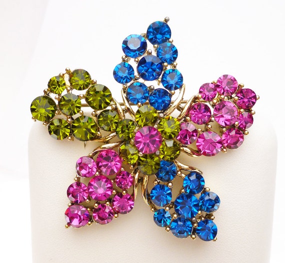 Pink, Blue, and Olive Green Rhinestone Flower Bro… - image 2