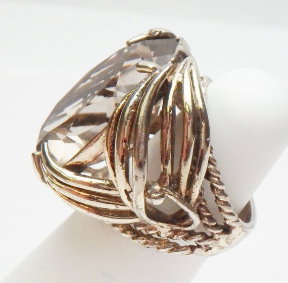 SS Smokey Quartz Statement Cocktail Ring 1960s St… - image 3