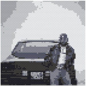 May include: A black and white pixelated image of a person standing next to a car. The person is wearing a dark jacket and the car is a vintage model.