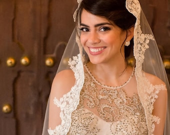 Cathedral Mantilla Wedding Veil – Beaded Lace Edge, Made in USA