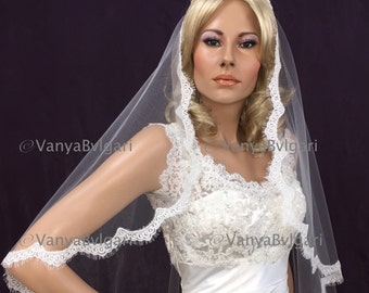 Alencon Lace Mantilla Wedding Veil, Eyelash Lace Edge
