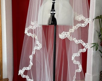 Velo de novia catedral de encaje con cuentas, velo de novia de dos capas con velo corto