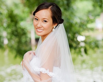 Bridal Veil in Two tier with beaded lace edge in fingertip length, wedding veil with blusher in  white or  ivory  or diamond white