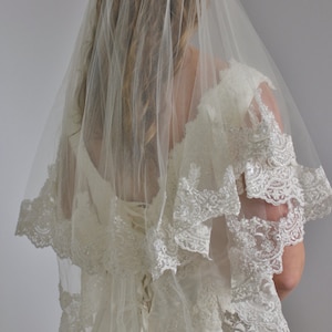 Lace veil in two layers fingertip with beaded wide lace and second tier could be used as a blusher, two tier lace veil with silver or gold image 4