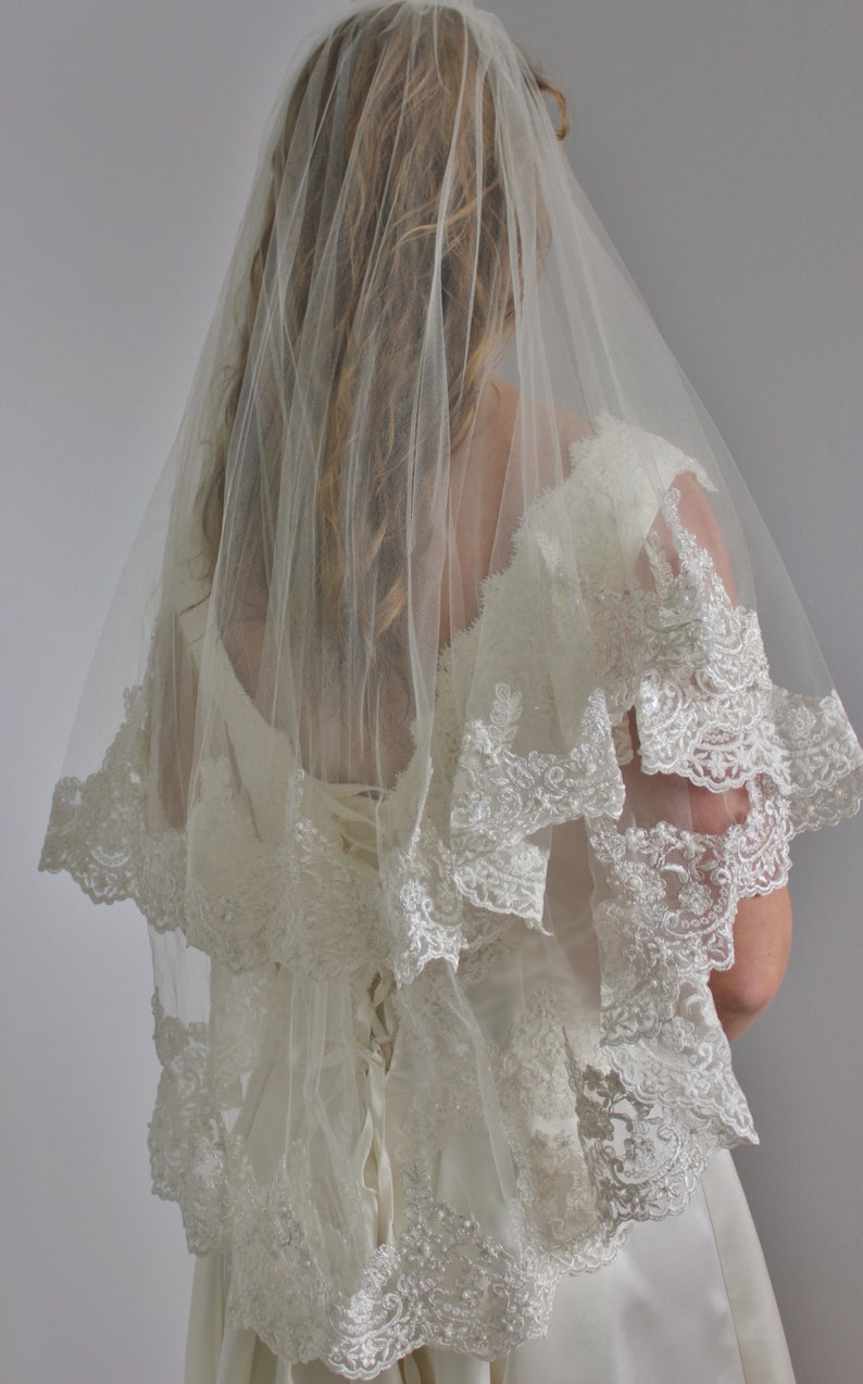 Lace veil in two layers fingertip with beaded wide lace and second tier could be used as a blusher, two tier lace veil with silver or gold image 4