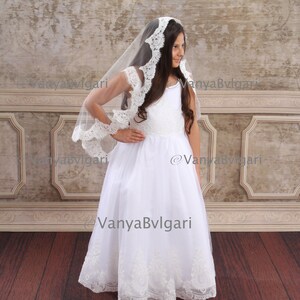 Communion veil for children baptismal lace veil for kids with beaded lace edge flower girl veil