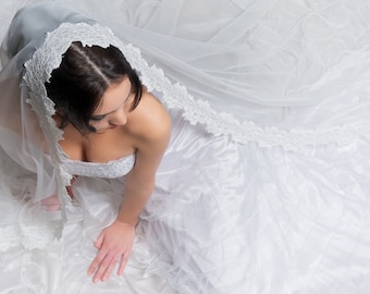Cathedral Lace veil with Chantilly lace edge design , Bridal veil with re-embroidered  corded lace,  Spanish Mantilla Cathedral lace veil