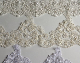 Alencon Trim lace beaded with sequences white or ivory silver cording around the motives, 5" width