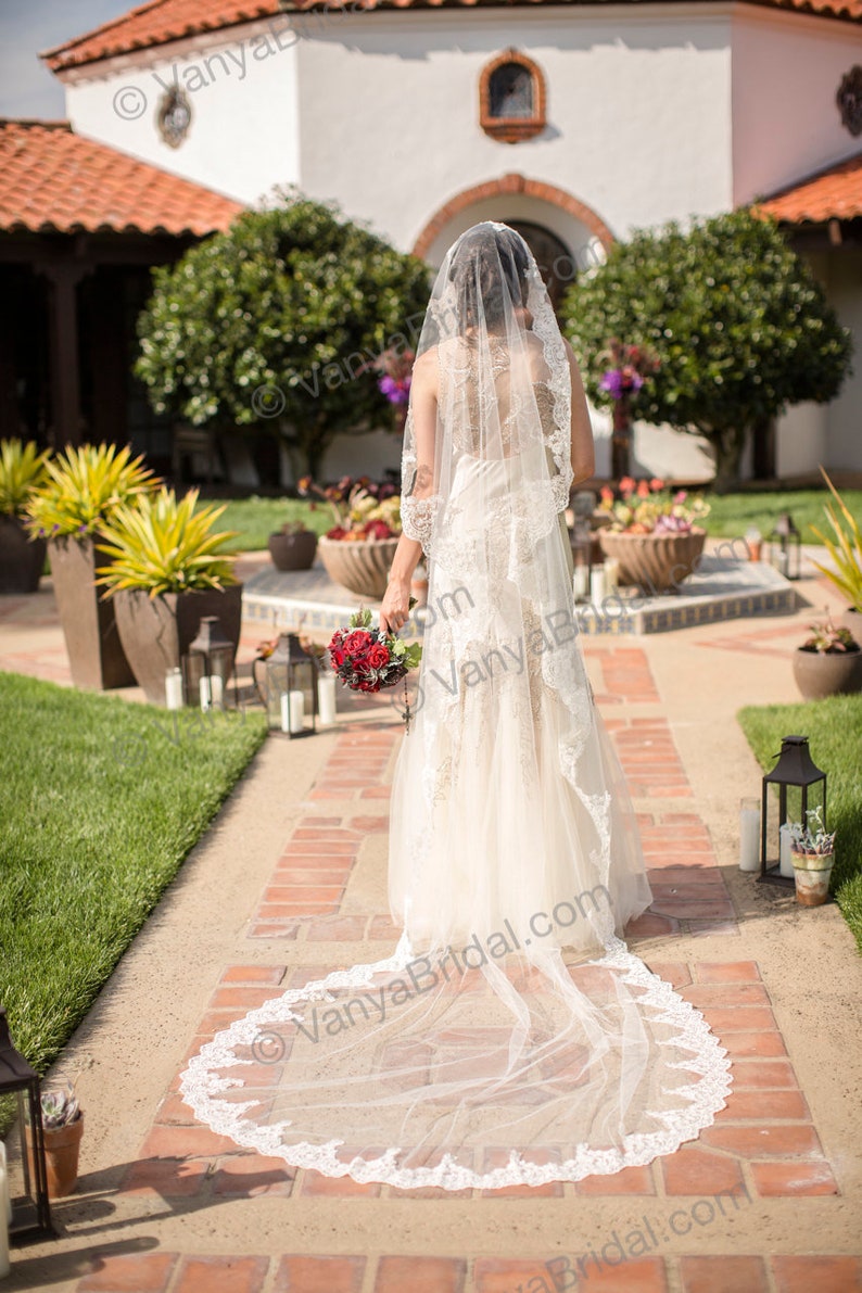 Beaded Lace Wedding veil Catholic bridal beaded lace veil 90 long with high end exclusive lace edge mantilla style Spanish veil