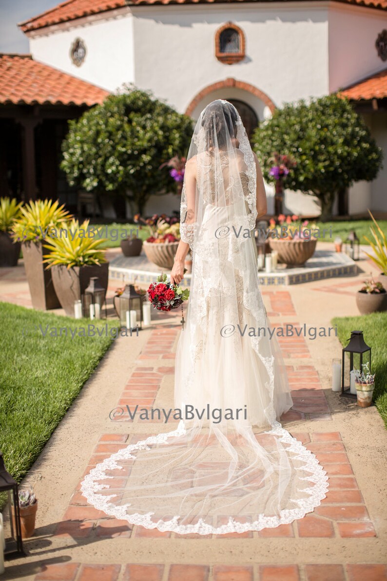 Classic Alencon lace style wedding veil bridal veil with exclusive lace edge design Cathedral veil with lace edge design with beaded lace