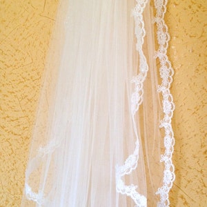 Lace veil in two tier with beaded lace edge, super wide, white or ivory, hip length image 2