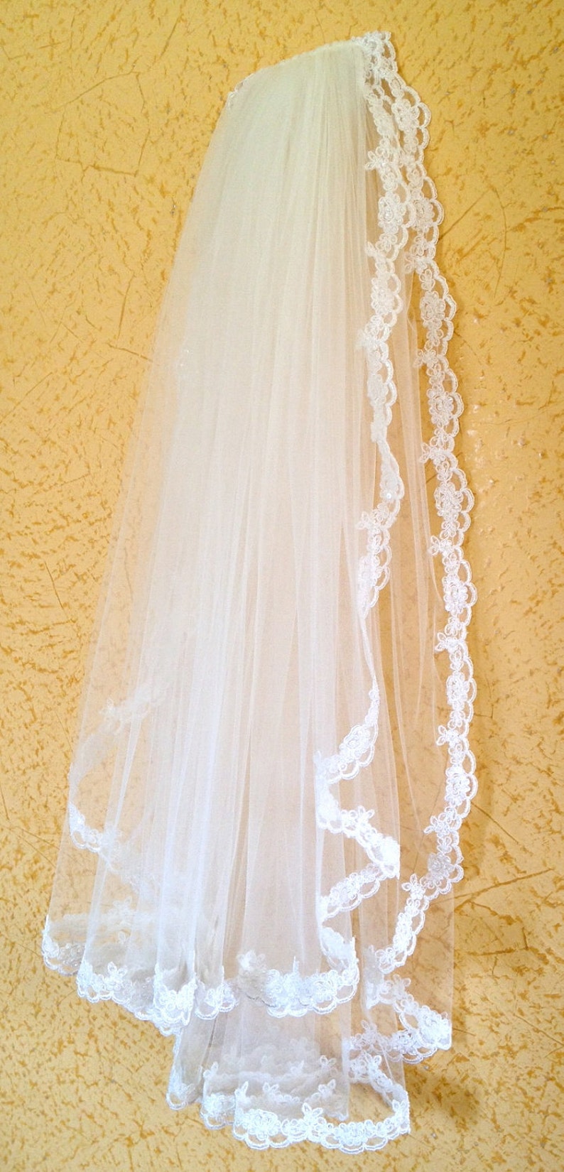 Lace veil in two tier with beaded lace edge, super wide, white or ivory, hip length image 2