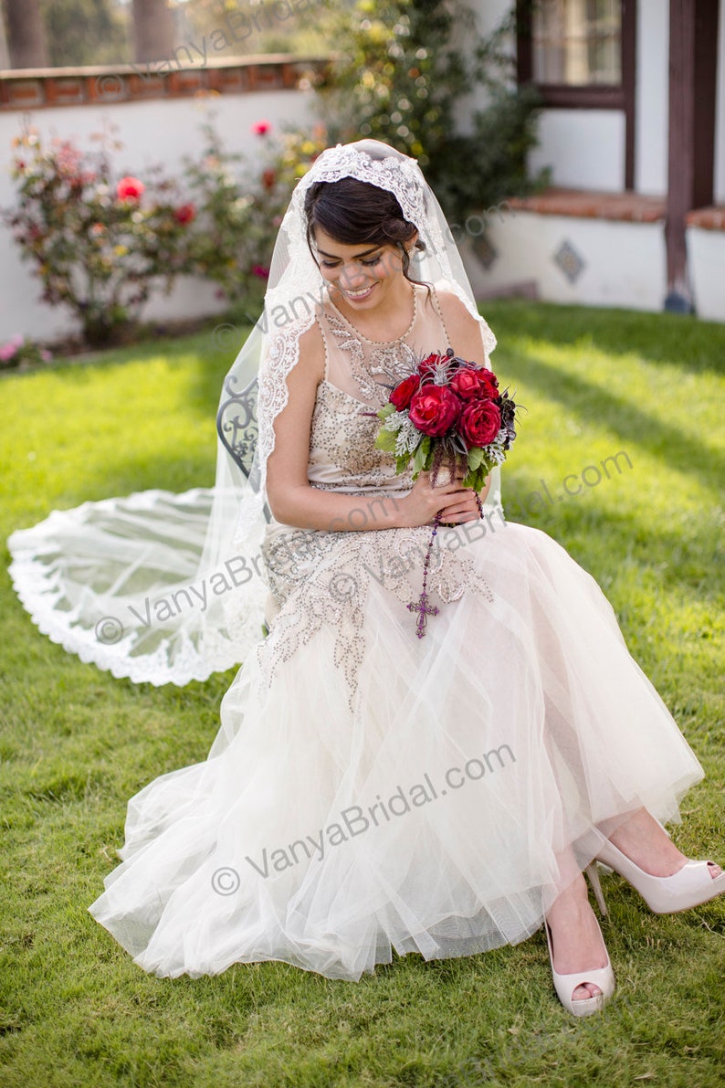 Beaded Lace Wedding veil Catholic bridal beaded lace veil 90 long with high end exclusive lace edge mantilla style Spanish veil