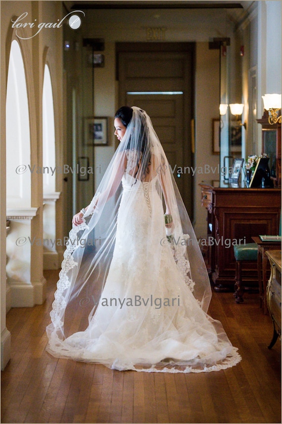 Classic Long White Wedding Veil with Beaded Trim Sequins Beads Long Veil, One Layer, 2.4m Cathedral Veil  main image 3