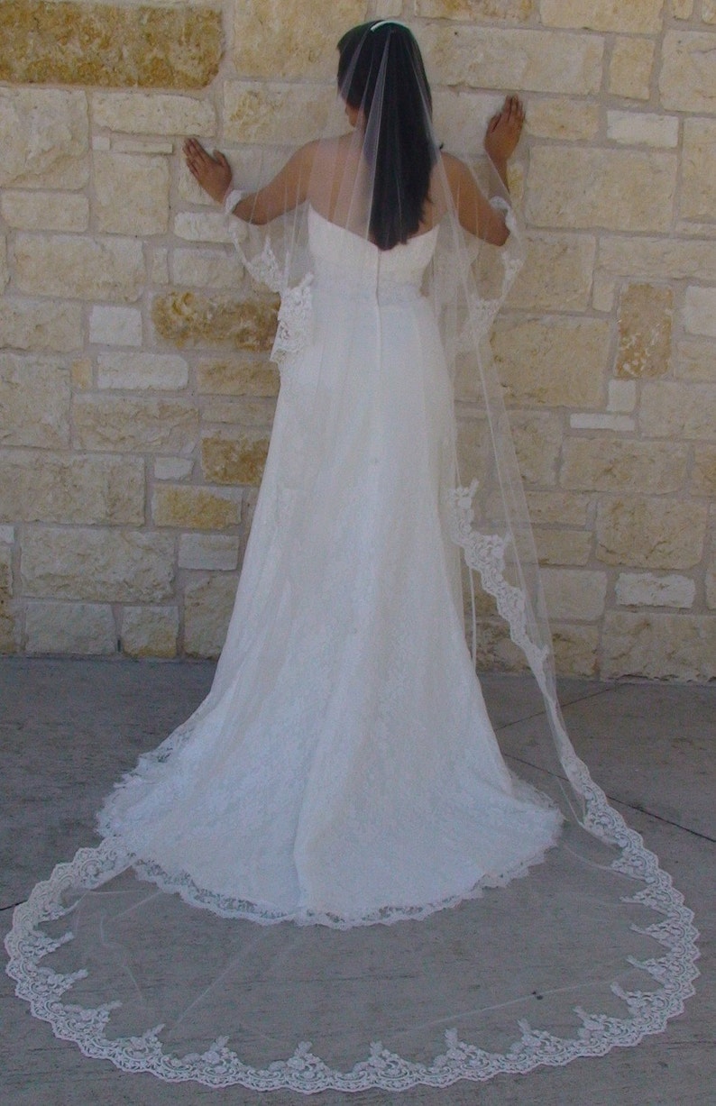 classic mantilla look Cathedral lace Mantilla veil with Beaded Lace edge veil in Spanish style for Catholic style wedding