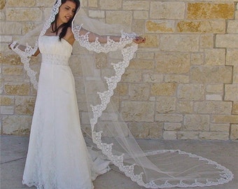 Mantilla Veil with Beaded Lace in CATHEDRAL LENGTH, Spanish lace veil with lace trim, wedding lace veil with silver or gold thread accent