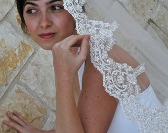Mantilla Veil with Beaded Lace and Silver or gold Thread, wedding lace veil, bridal lace edge veil, Spanish veil, Catholic veil