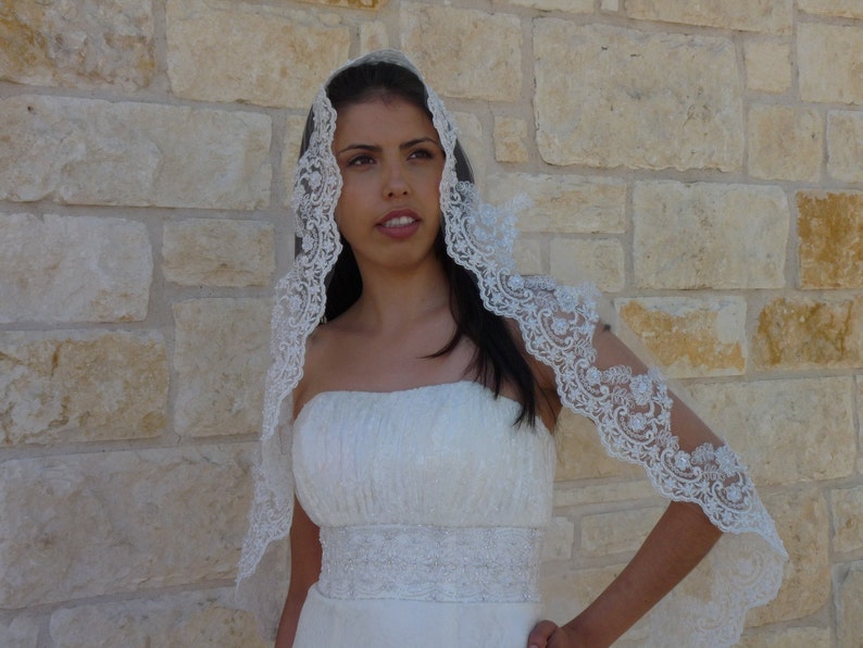 classic mantilla look Cathedral lace Mantilla veil with Beaded Lace edge veil in Spanish style for Catholic style wedding
