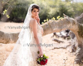 Alencon Lace veil style with beaded lace edge design in Mantilla Spanish style in Chapel and Cathedral length, Champagne, Silk soft White